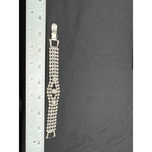 Vintage Rhinestone Bracelet With Silver-Tone Fold Over Clasp - Picture 5 of 6